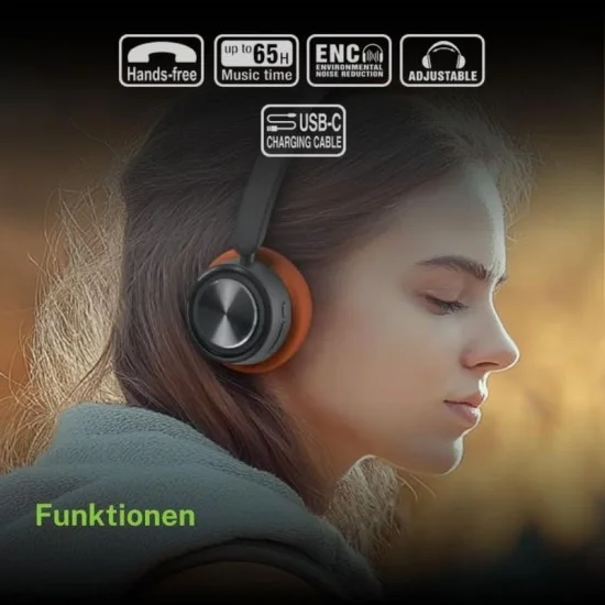 Moss Bluetooth Over-Ear Headphones with up to 65 Hour Battery Life and USB-C Charging - Orange